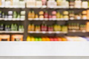 Pharmacy counter with the pharmacy store blur background photo