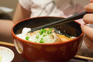 Salmon with rice in bowl photo