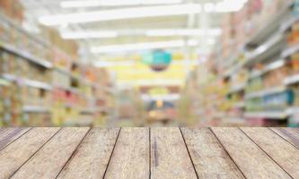 Wood floor and Supermarket blur background photo