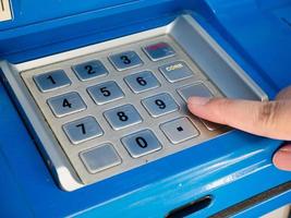 woman using ATM machine to withdraw money photo