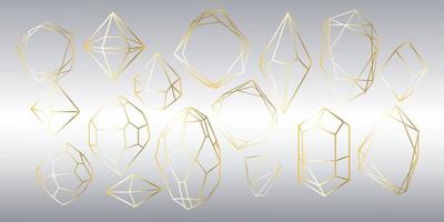 Vector set of golden luxury crystal diamonds shapes.Border Collection for Card.Geometric Premium Glitter Background, Polygon mosaic shape amethyst gem quartz stone line art style