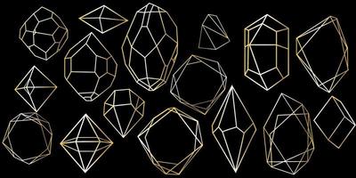 conjunto vectorial de formas de diamantes de cristal de lujo dorado.colección de borde para tarjeta.fondo de brillo premium geométrico, forma de mosaico de polígono estilo de arte de línea de piedra de cuarzo de gema de amatista vector