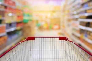 Shopping cart in Supermarket Aisle and Shelves in blur background photo