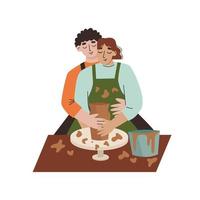 Couple in love making handcraft vase. Pottery studio. Flat vector illustration.