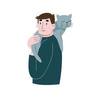 A young man carrying a cute cat. A man hugging a cat. Flat vector illustration.