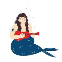 A cute mermaid is playing the ukulele. Plus size mermaid. Body positive. Flat vector illustration.