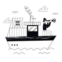 A man is sailing on a ship and looking through a telescope. Man searching good ideas. Flat vector illustration.