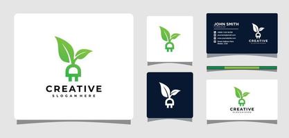 plantilla de logotipo de enchufe eléctrico de hoja verde con inspiración de diseño de tarjeta de visita