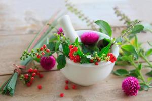 Fresh herbs in the mortar, alternative medicine photo