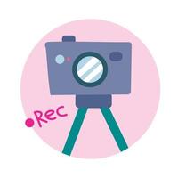 video camera on tripod icon in pink circle, flat style vector