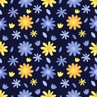 Seamless pattern with simple doodle yellow and violet meadow flowers isolated on dark purple background. vector