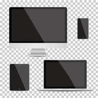 Set of realistic computer monitor, laptop, tablet and mobile phone with empty white screen. Various modern electronic gadget on isolate background. Vector illustration EPS10