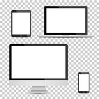 Set of realistic computer monitor, laptop, tablet and mobile phone with empty white screen. Various modern electronic gadget on isolate background. Vector illustration EPS10
