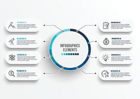 Vector infographic template with 3D paper label, integrated circles. Business concept with 8 options. For content, diagram, flowchart, steps, parts, timeline infographics, workflow, chart.