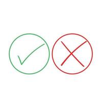 Thin line check mark icons. Green tick and red cross checkmarks flat line icons set. Vector illustration isolated on white background