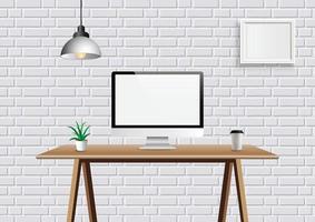 Realistic vector office creative space with display on desk table. Mockup workspace background with front view computer desktop and frame on wall.