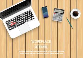 Realistic workplace desktop. Top view desk table on wood. With metal pencil, mobile smartphone, coffee, calculator and laptop. Vector illustration.