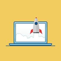 Startup business concept with rocket and laptop, vector