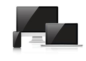 dispositivos y dispositivos de maqueta smartphones, tabletas, portátiles y monitores de ordenador de color negro con pantalla en blanco aislada en fondo blanco. vector