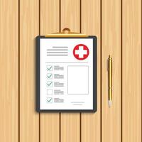 Clipboard with medical cross and gold pen. Clinical record, prescription, claim, medical check marks report, health insurance concepts. Premium quality. Modern flat design graphic elements. vector