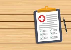 Clipboard with medical cross and pen. Clinical record, prescription, claim, medical check marks report, health insurance concepts on wooden. Premium quality. Modern flat design graphic elements. vector