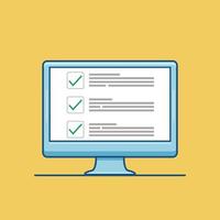 Checkboxes on computer screen. Checkboxes and green checkmarks. Modern concept for web banners, web sites, infographics. Creative flat design vector illustration isolated on yellow background