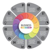 Vector connected polygon infographic diagram. Circular chart with 8 options. Paper progress steps for tutorial. Business concept sequence banner. EPS10 eight parts puzzle workflow layout.