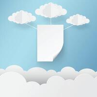 Paper art of white paper on sky with clouds, template for text and label, vector art and illustration.