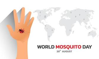 vector de mosquito con fondo de mapa mundial, día mundial del mosquito, día de la malaria, fiebre del dengue.