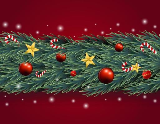 Red Christmas background with pine leaves, dwarfs, bells and stars on a red scene.