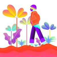 ilustración vectorial de una persona con una máscara facial caminando sola en el parque vector