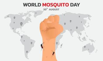 vector de mosquito con fondo de mapa mundial, día mundial del mosquito, día de la malaria, fiebre del dengue.