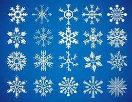 conjunto de vectores nuevos copos de nieve. conjunto de iconos de copos de nieve. vector de diseño de navidad. copos de nieve blanco aislado sobre fondo azul.