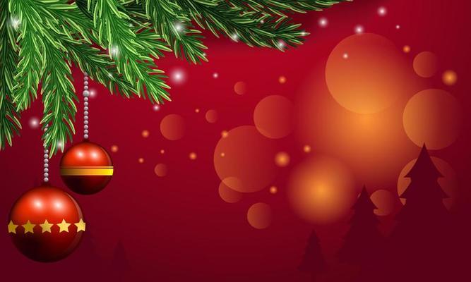 Red Christmas background with pine leaves, dwarfs, bells and stars on a red scene.