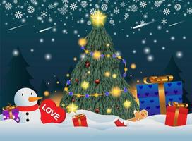 Gifts placed under the Christmas tree. Santa's gift in the snow. Various gifts such as teddy bears, gift boxes and candies. vector