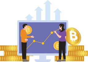 Boy and girl working on bitcoin chart. vector