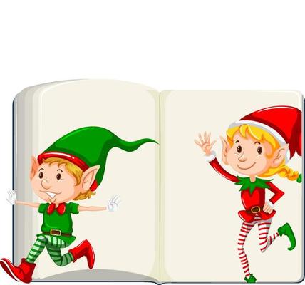 Opened blank book with Elves cartoon