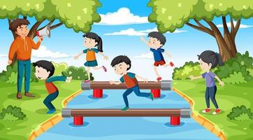 Children balancing on beam at the park vector
