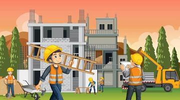 sitio de construcción de edificios con trabajadores vector