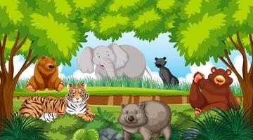 escena del bosque con personajes de dibujos animados de animales salvajes vector