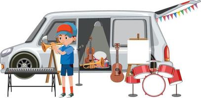 Boy playing trumpet by the van vector