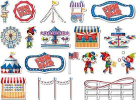 Sticker set of amusement park and fun fair objects vector