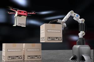Robot cyber future futuristic humanoid hold box product technology engineering device check, for industry inspection inspector transport maintenance robot service technology 3D rendering photo