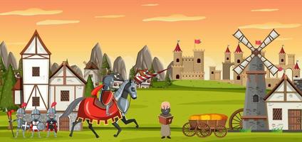 Medieval town scene with villagers and castle vector