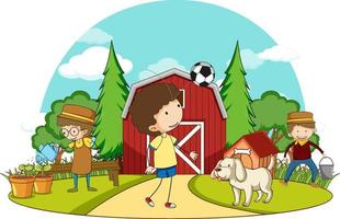 A simple barn with kids in nature background vector