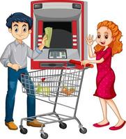 un hombre retira dinero de un cajero automático y su esposa personaje de dibujos animados vector