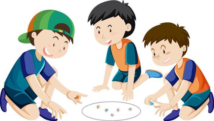 Children playing marbles on white background