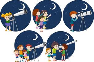 Set of different kids looking through telescope at night vector