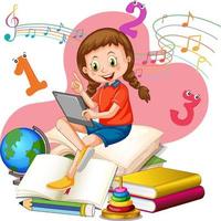 A girl reading books on a stack of books vector