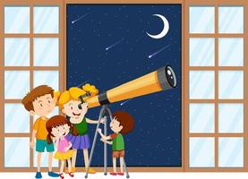 los niños observan el cielo nocturno con telescopio vector